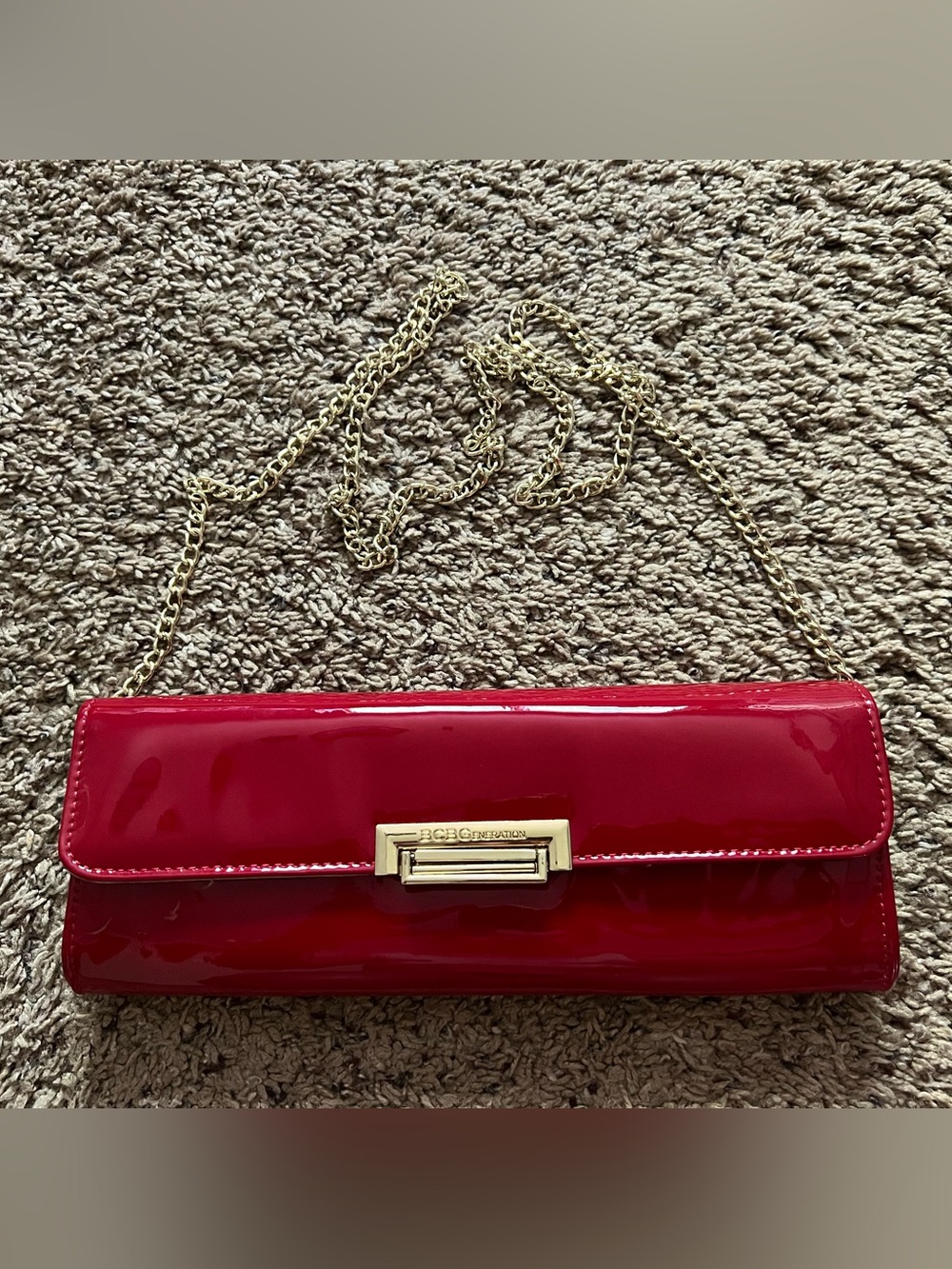 BCBGeneration Red Patent Chain Clutch with Gold Hardware